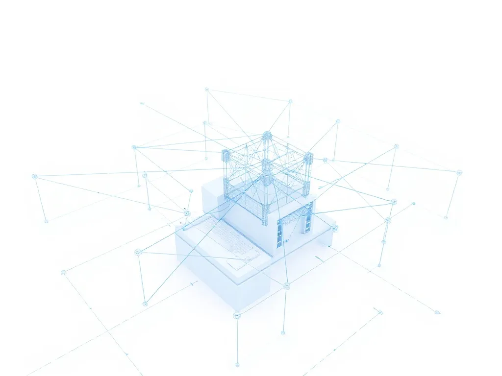 A technical 3D architectural wireframe of a complex data net
